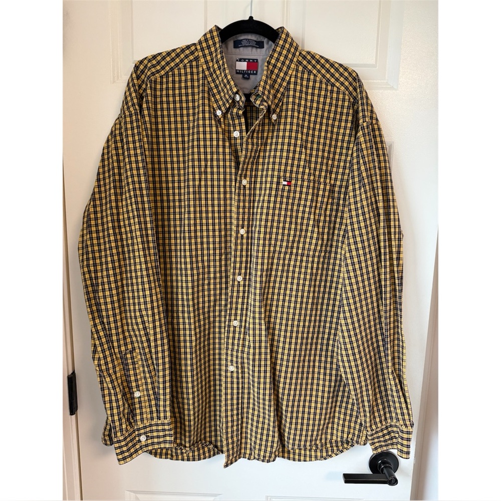 Vintage Tommy Hilfiger‎ Plaid Yellow Navy Blue Button Down Size XL Vtg 00’s Y2K